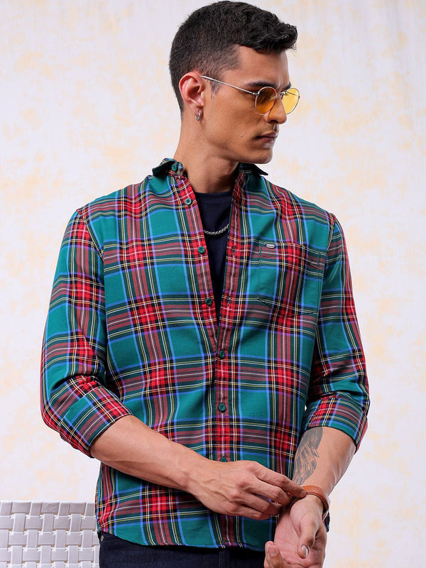 Garage Co India Slim Fit Tartan Cecks Opaque diperiksa baju kasual
