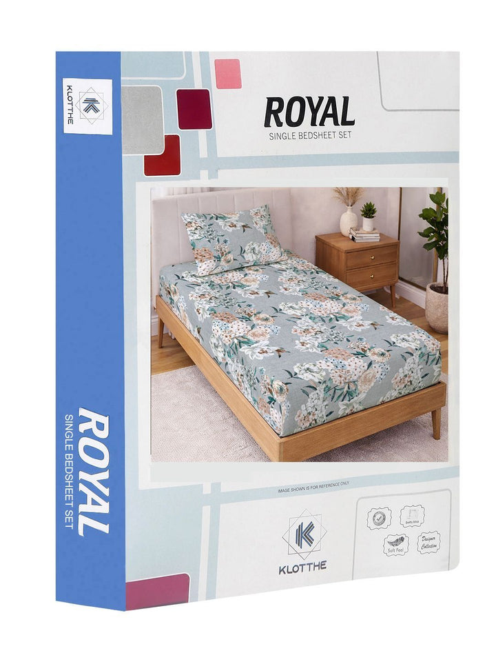 KLOTTHE Grey Floral Printed 300 TC Single Bedsheets