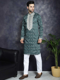 Jompers Ethnic Motifs Embroidered Mandarin Collar Sequinned Straight Kurta With Pyjama
