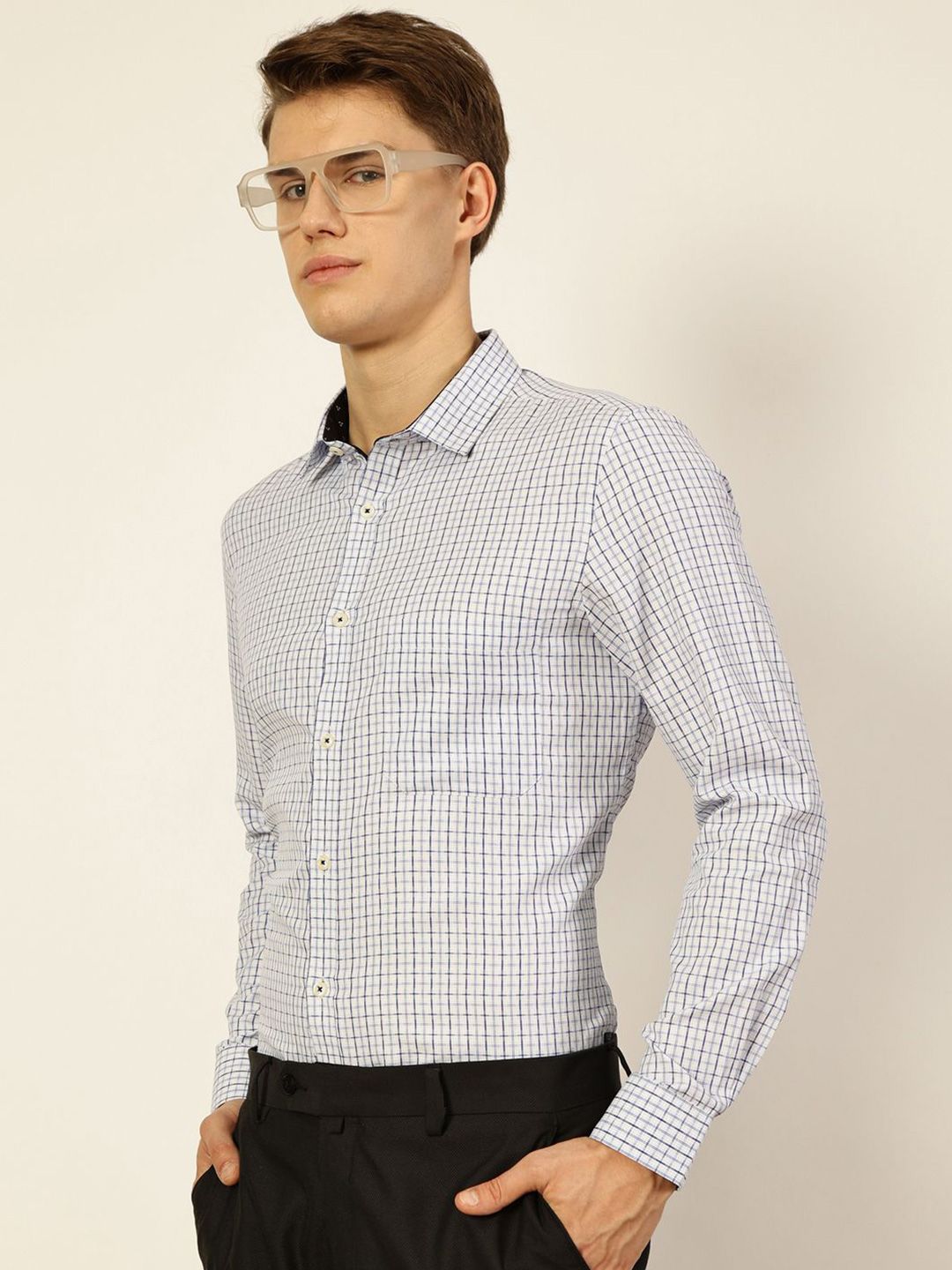 Thomas Scott Men Smart Cutaway Collar Checked Cotton Formal Shirt