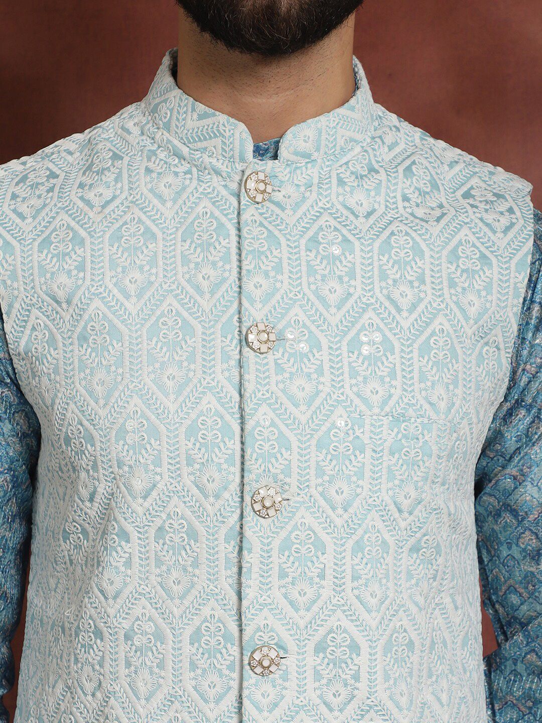 Anouk Men Geometic Printed Thread Work Straight Kurta With Pyjama & Nehru Jacket