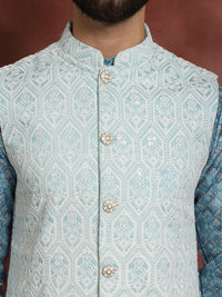 Anouk Men Geometic Printed Thread Work Straight Kurta With Pyjama & Nehru Jacket