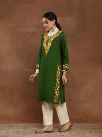 House of Chikankari Women Green Woolen Aari Sulam Kurta