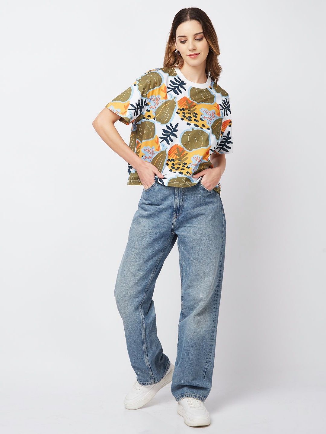 SPYKAR Women Floral Printed Round Neck Cotton Oversized T-shirt
