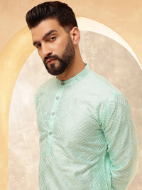 Anouk Sea Green & White Band Collar Geometric Embroidered Straight Kurta