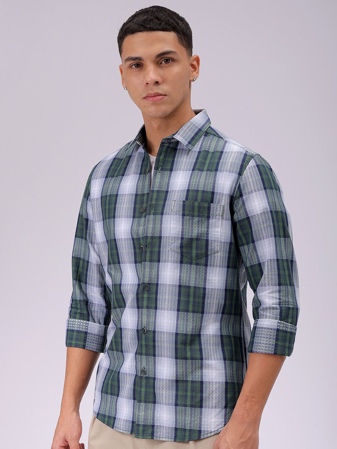 The Indian Garage Co Men Cutaway Collar Checked Cotton Slim Fit Casual Shirt