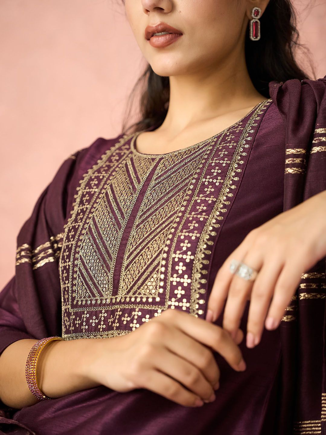 KALINI Floral Yoke Design Sequinned Straight Kurta with Trousers & Dupatta