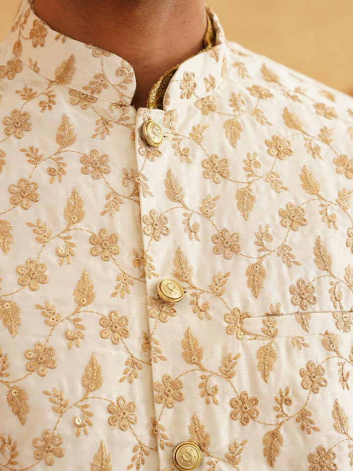 SOJANYA Ethnic Motifs Printed Mandarin Collar Kurta With Churidar And Nehru Jacket