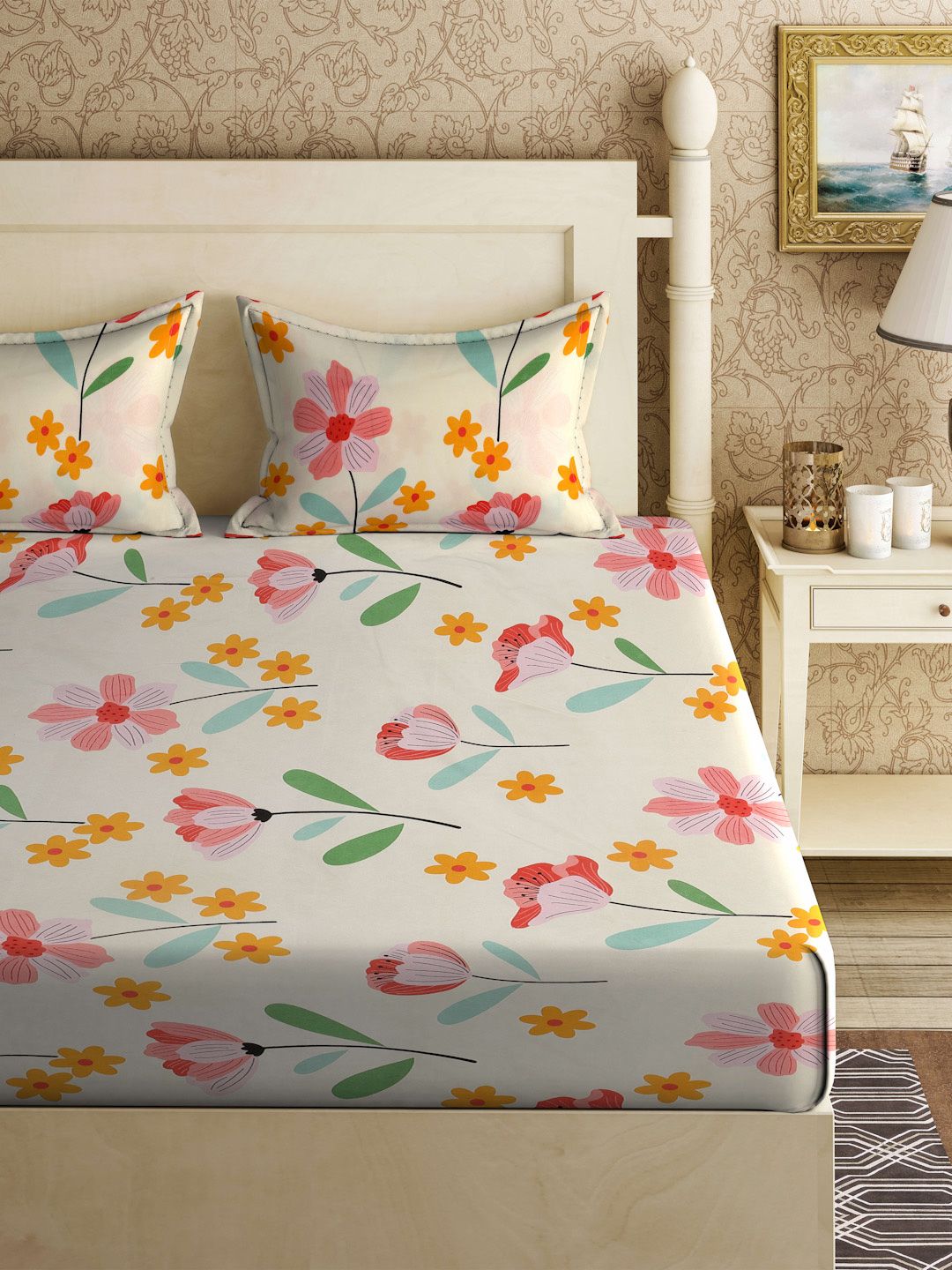 Myntra Elegant Homes Cream Floral 300 TC Fitted King Fine Bedsheet dengan 2 Sarung Bantal