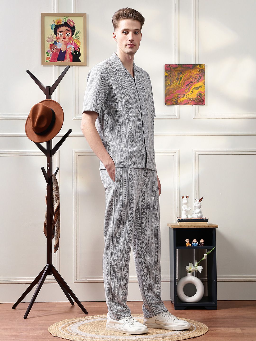 Eszett Ethnic Motifs Printed Jacquard Spread Collar Pure Cotton Shirt With Trouser