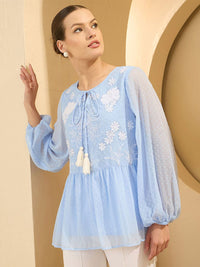 Antheaa Embroidered Self Design Tie-Up Neck Chiffon Top