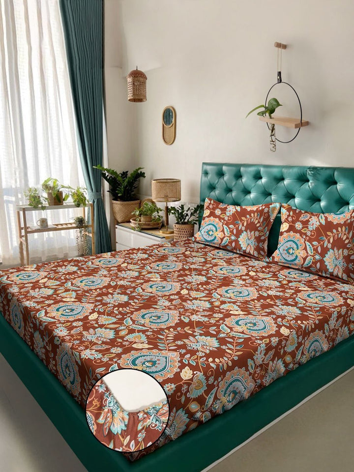 KLOTTHE Rust & Blue Floral Printed Fitted 300 TC King Bedsheet with 2 Pillow Covers