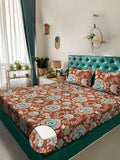 KLOTTHE Rust & Blue Floral Printed Fitted 300 TC King Bedsheet with 2 Pillow Covers