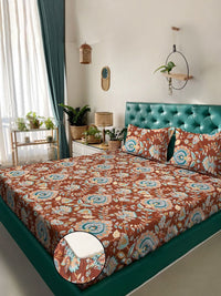 KLOTTHE Rust & Blue Floral Printed Fitted 300 TC King Bedsheet with 2 Pillow Covers