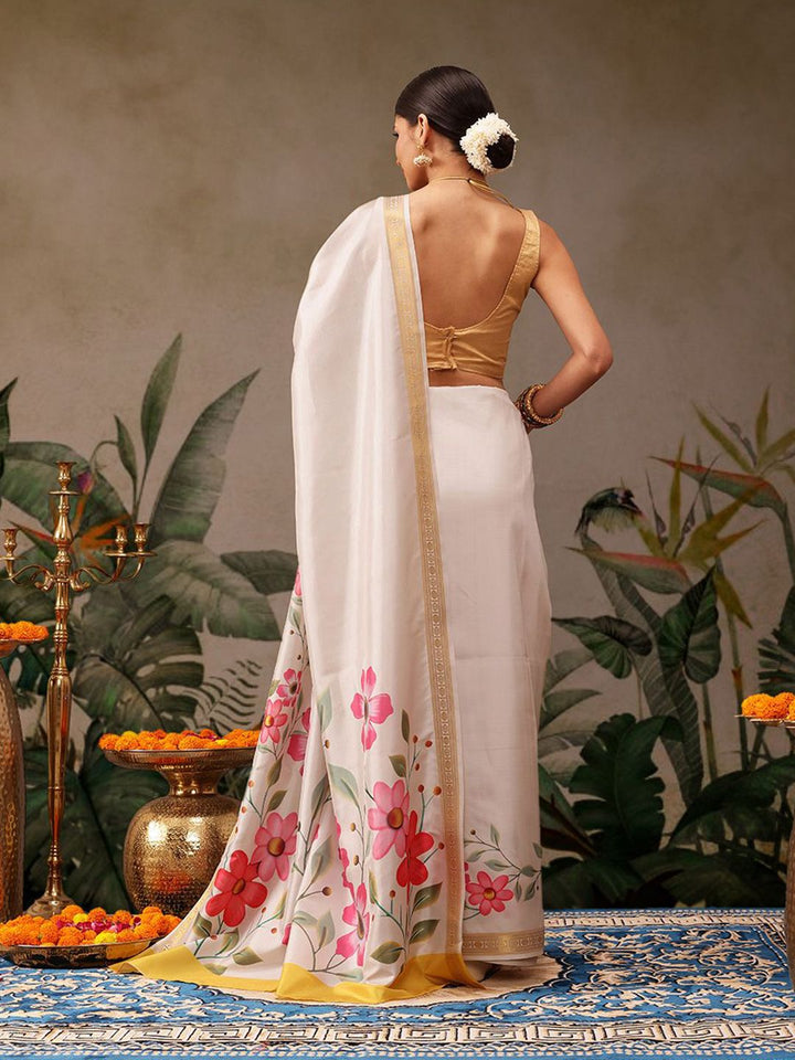 Silk Land Onam Special Floral Printed Kasavu Silk Saree