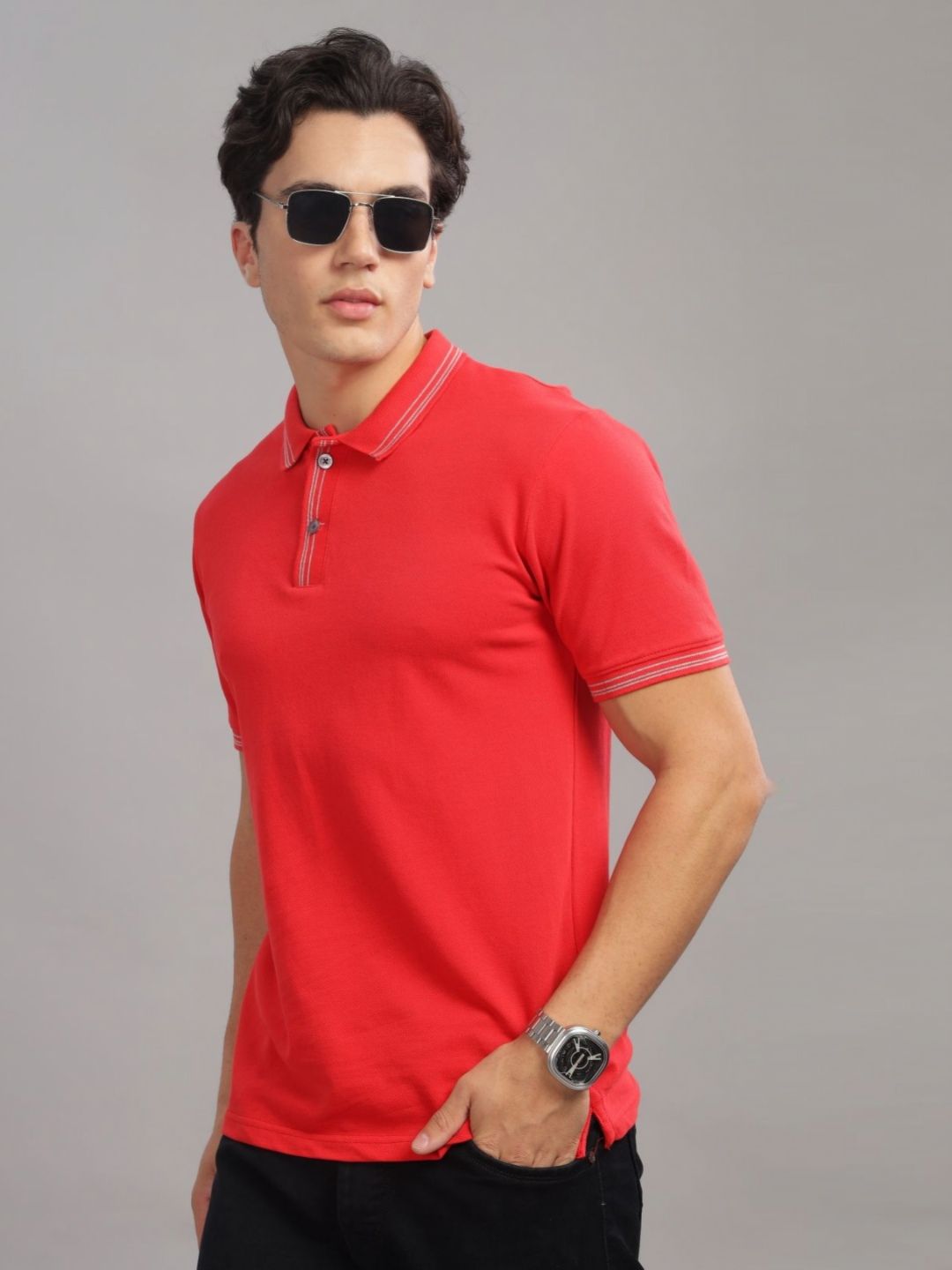 ADRO Men Polo Collar Applique T-shirt