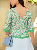 DressBerry Blooming-Bliss Floral Printed Lace-Hem Semi-Sheer Top
