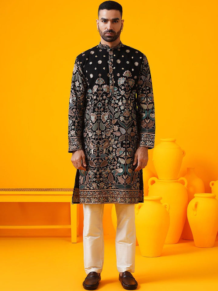 SOJANYA LUXE Kolar Mandarin Sulam Bunga Georgette Kurta Lurus Dengan Seluar