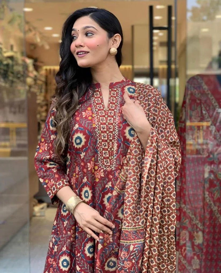 KALINI Floral Printed Mandarin Collar A-Line Kurta With Trouser And Dupatta