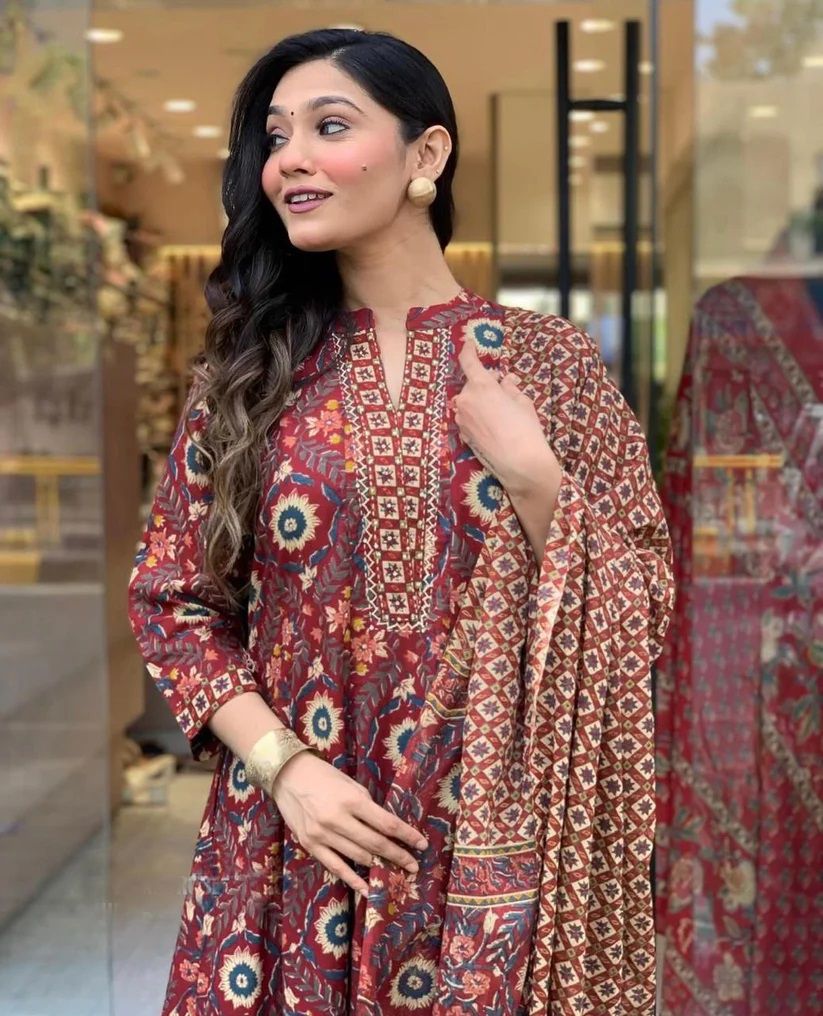 KALINI Floral Printed Mandarin Collar A-Line Kurta With Trouser And Dupatta