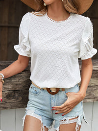 DressBerry Puff Sleeves Schiffli Top with Lace Inserts