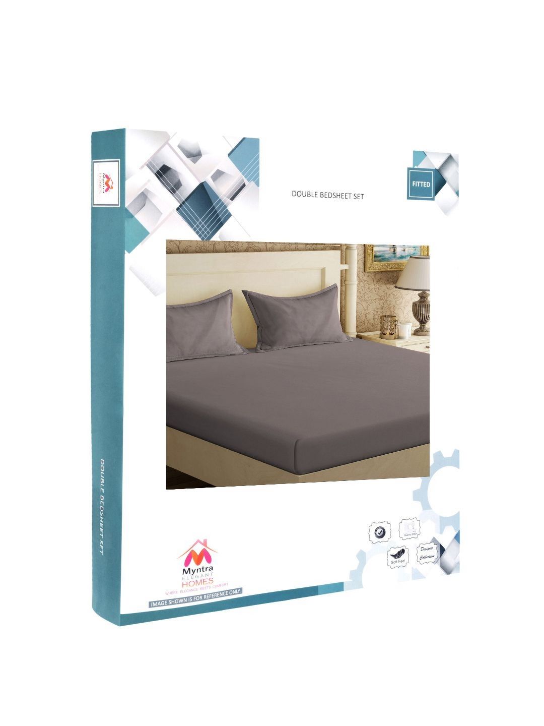 Myntra Elegant Homes Book Fold Grey Polycotton 300 TC Fitted King Fine Bedsheet with 2 Pillow Covers-98 x 89 inches