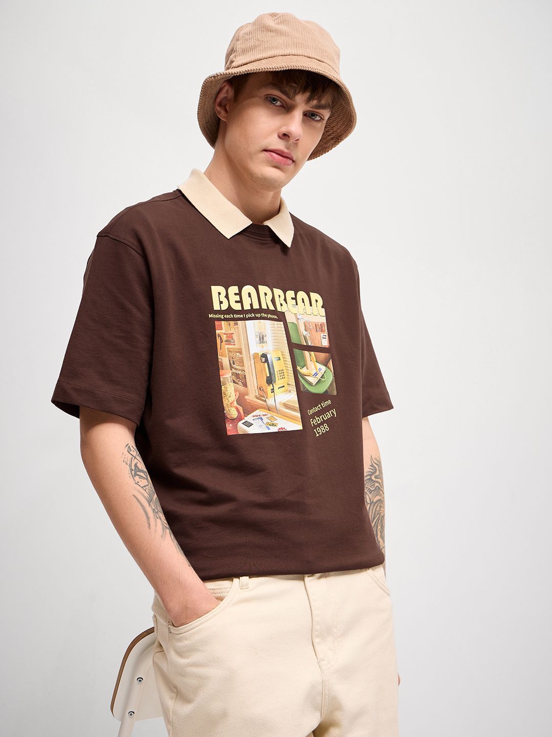 THE BEAR HOUSE Men Graphic Printed Round Neck Pure Cotton Oversized T-shirt