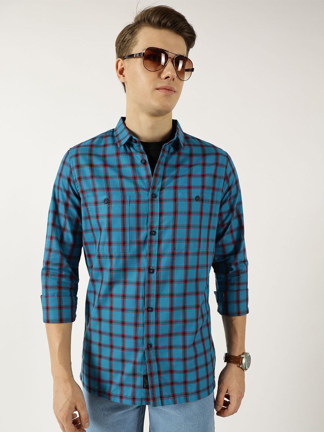 Thomas Scott Men Classic Spread Collar Windowpane Checked Cotton Slim Fit Casual Shirt