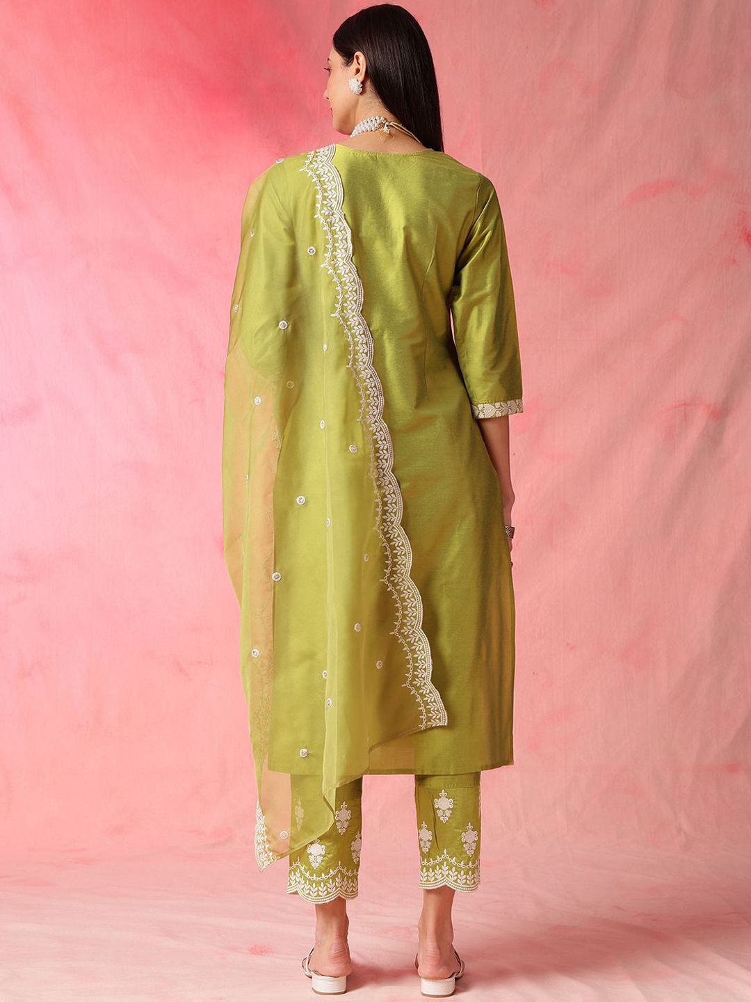Anouk Floral Embroidered Regular Thread Work Straight Kurta with Trousers & Dupatta
