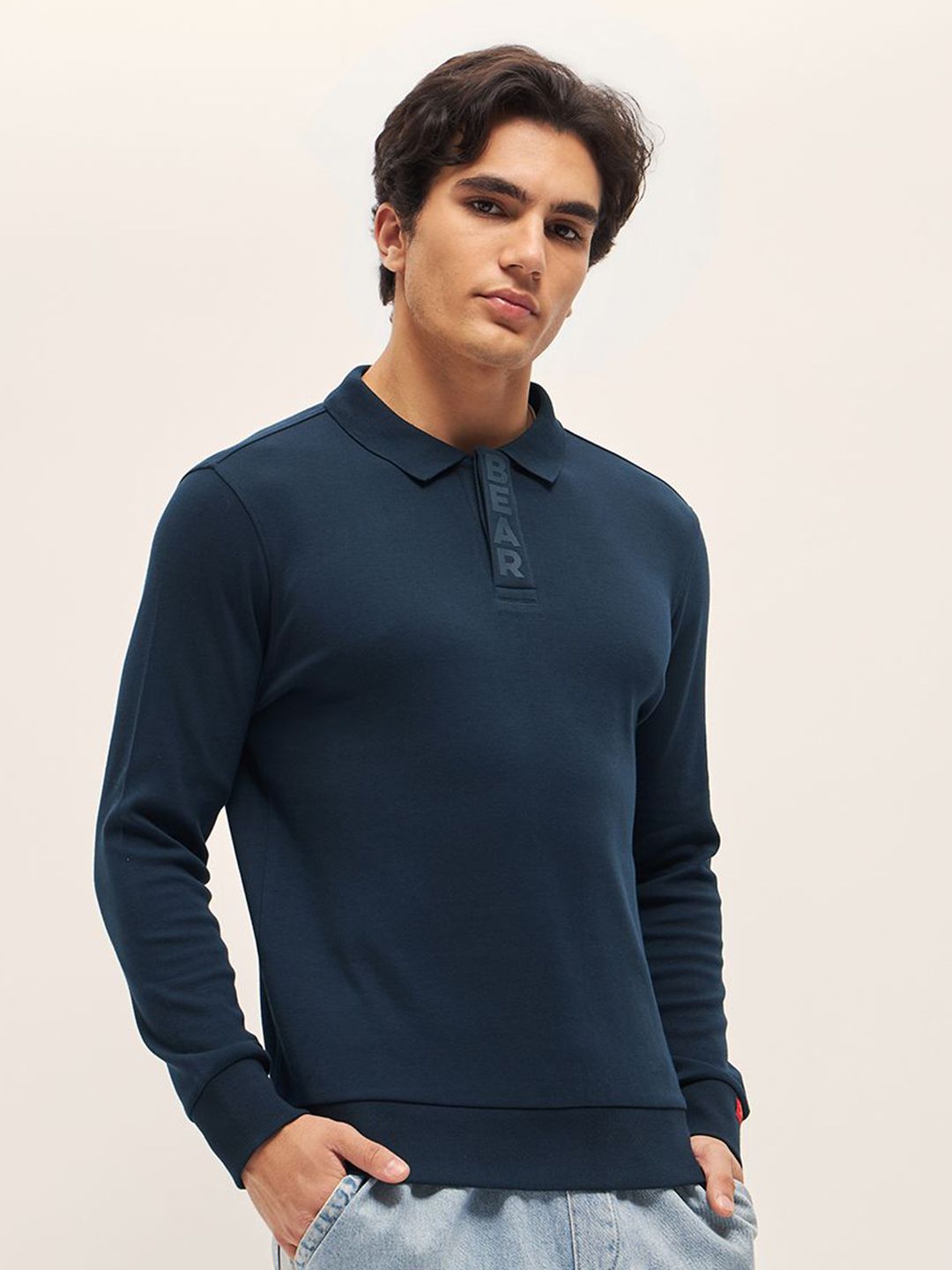 THE BEAR HOUSE Solid Polo Collar Pure Cotton Slim Fit T-shirt