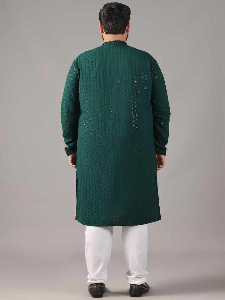 SOJANYA PLUS Size Floral Embroidered Band Collar Sequin Cotton Straight Kurta