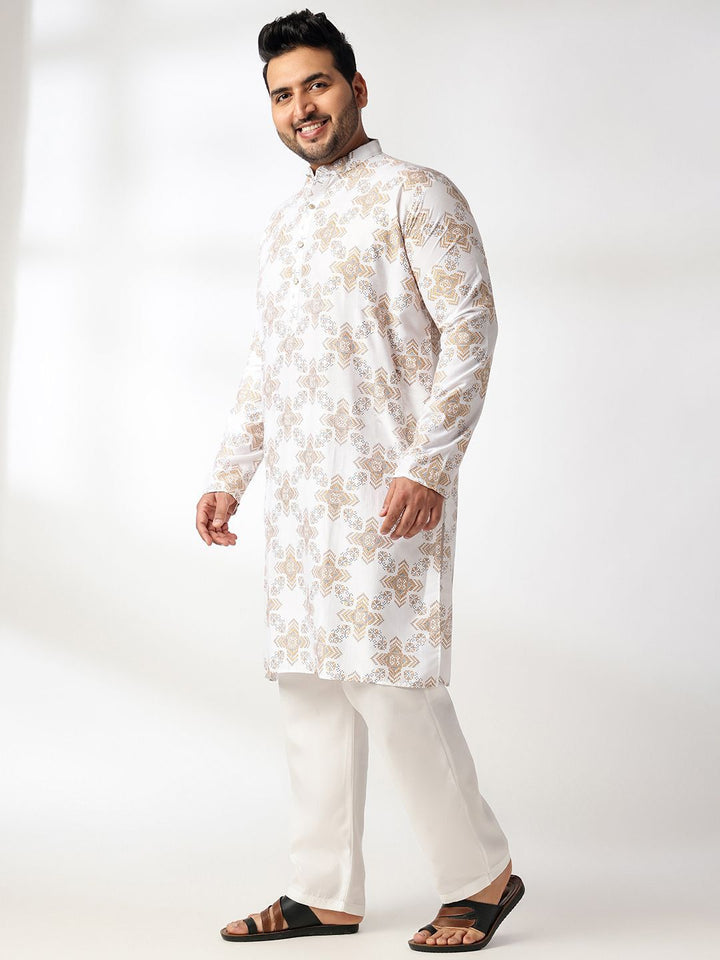 SOJANYA PLUS Kurta Lurus Kolar Mandarin Bercetak Geometri Dengan Piyama & Jaket Nehru