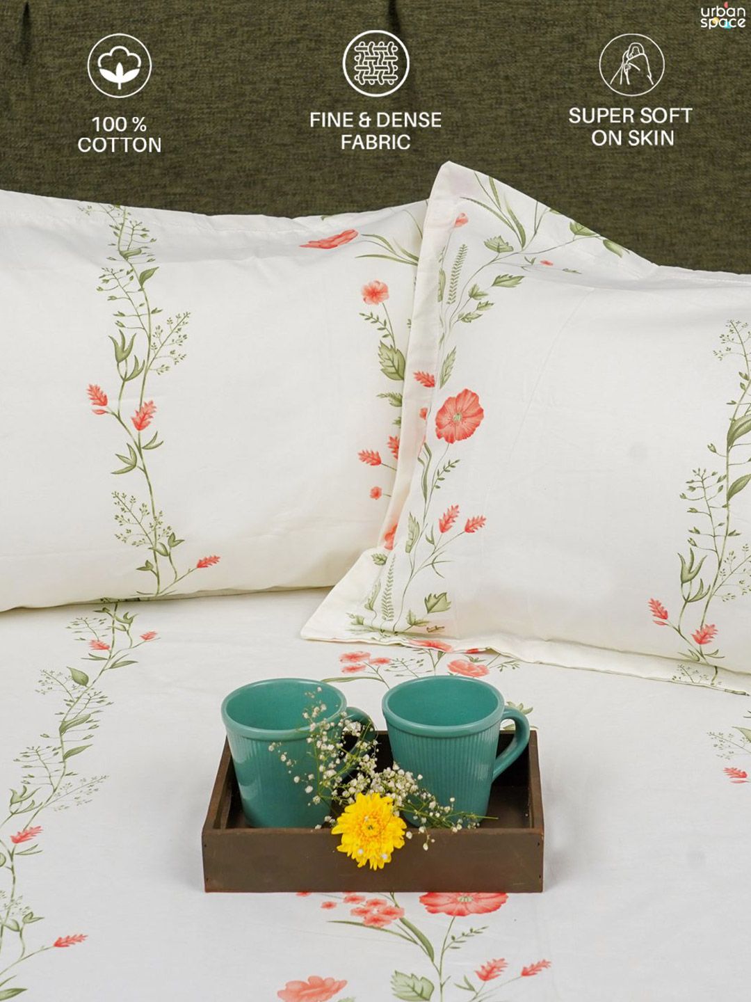 URBAN SPACE Peach-Coloured & White 200 TC Cotton Queen Bedsheet Set 1.27 m x 1.98 m