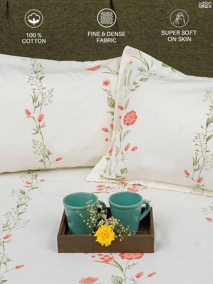 URBAN SPACE Peach-Coloured & White 200 TC Cotton Queen Bedsheet Set 1.27 m x 1.98 m