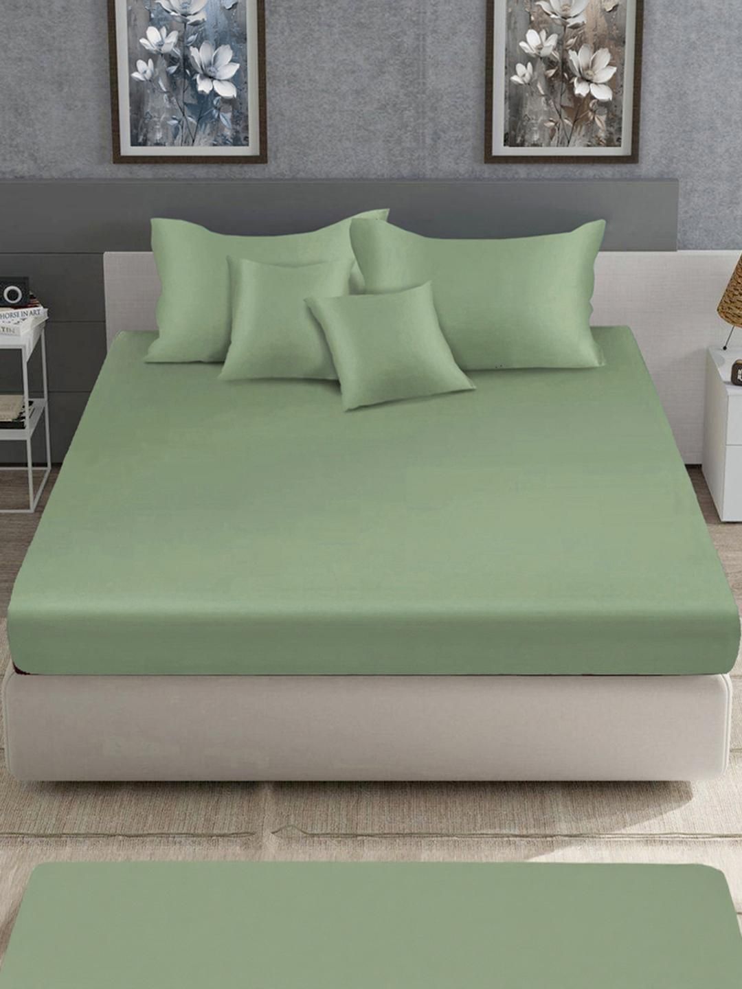 KLOTTHE Olive Green Flat 400TC Satin Super King Bedsheet With 2 Pillow Covers & 2 Cushion Covers