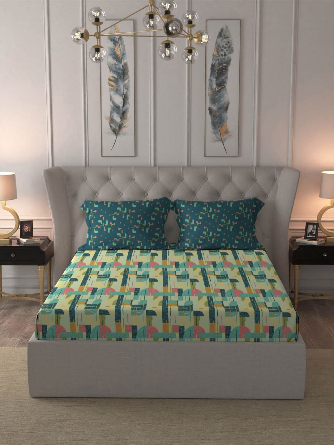 MYTRIDENT Dusk and Dawn Blue & Green Abstract Cotton Queen Bedsheet with 2 Pillow Covers