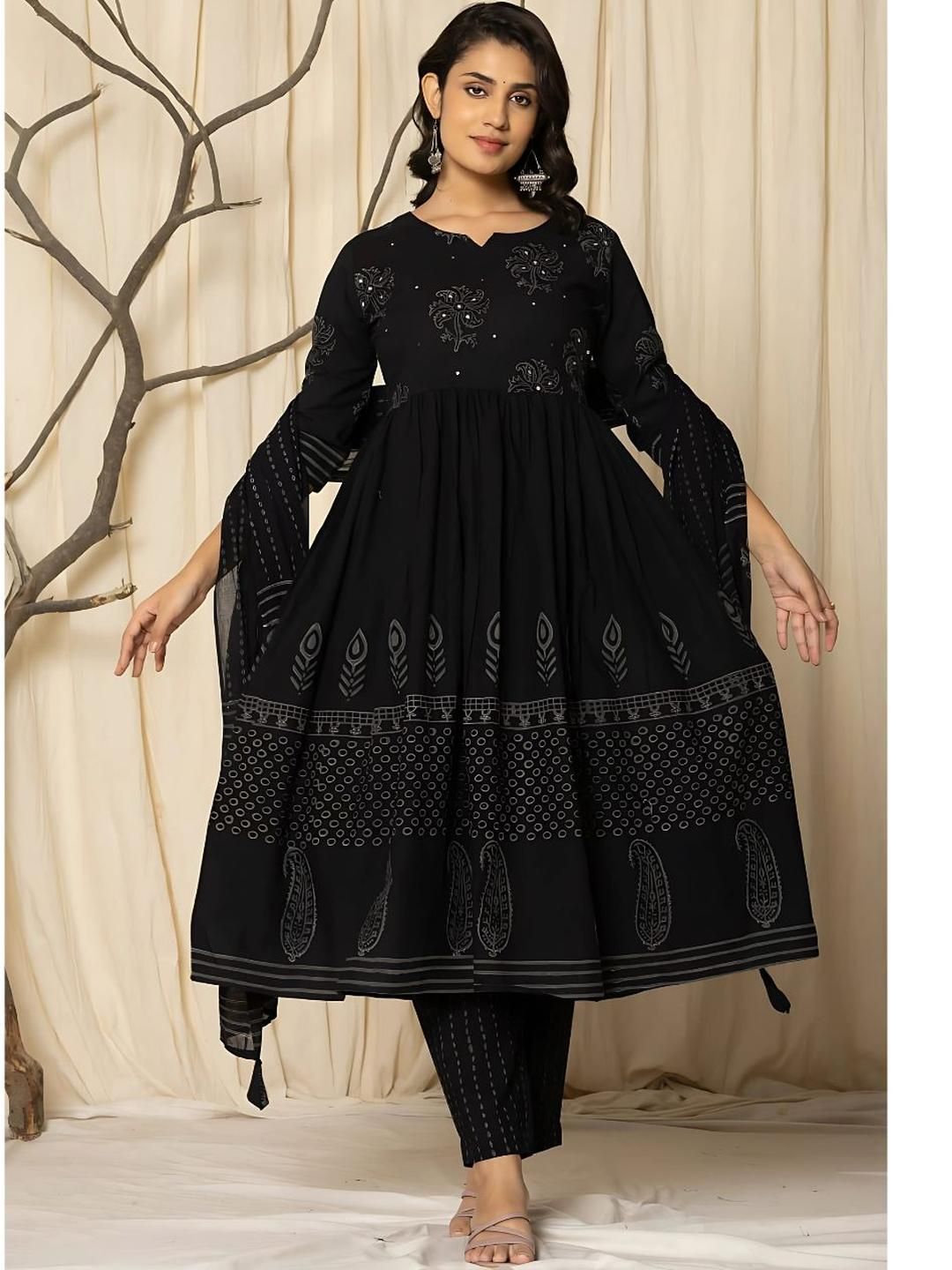 Kalini Wanita Motif Etnik Dicetak Kurta Kapas Murni Dengan Seluar & Dupatta
