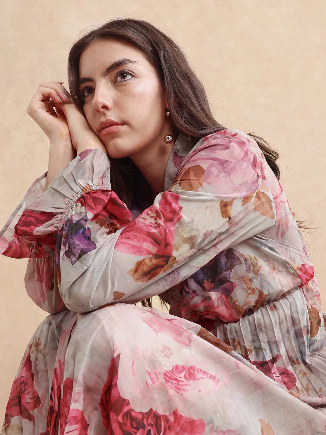 RAREISM Floral Print Tie-Up Neck A-Line Maxi Dress