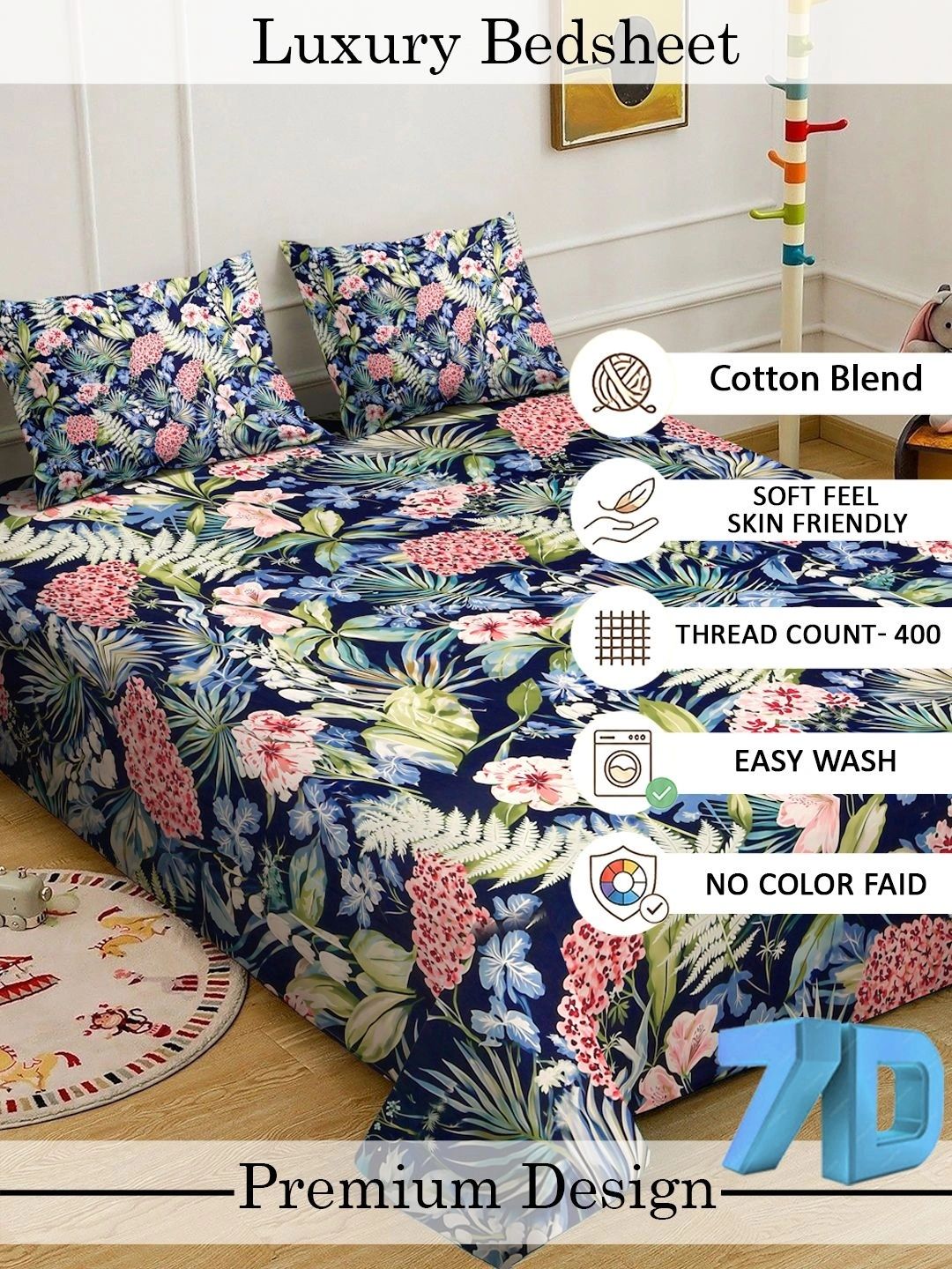 KLOTTHE Blue & Green Floral 300 TC King Bedsheet with 2 Pillow Covers