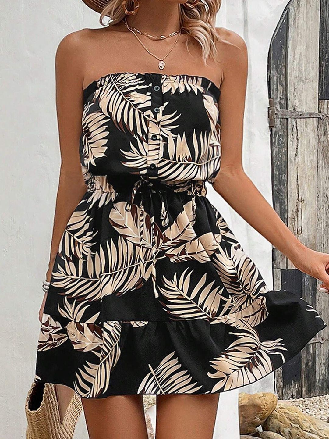 DressBerry Women Tropical Printed Strapless Fit & Flare Mini Dress