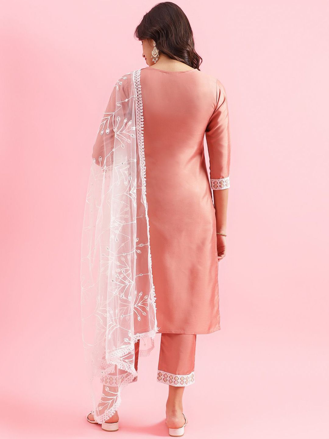 KALINI Floral Yoke Design Straight Thread Work Kurta with Trousers & Dupatta