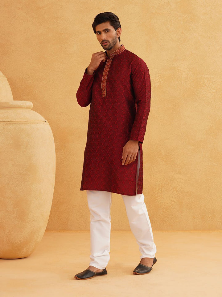SOJANYA Woven Design Embroidered Band Collar Kurta With Churidar