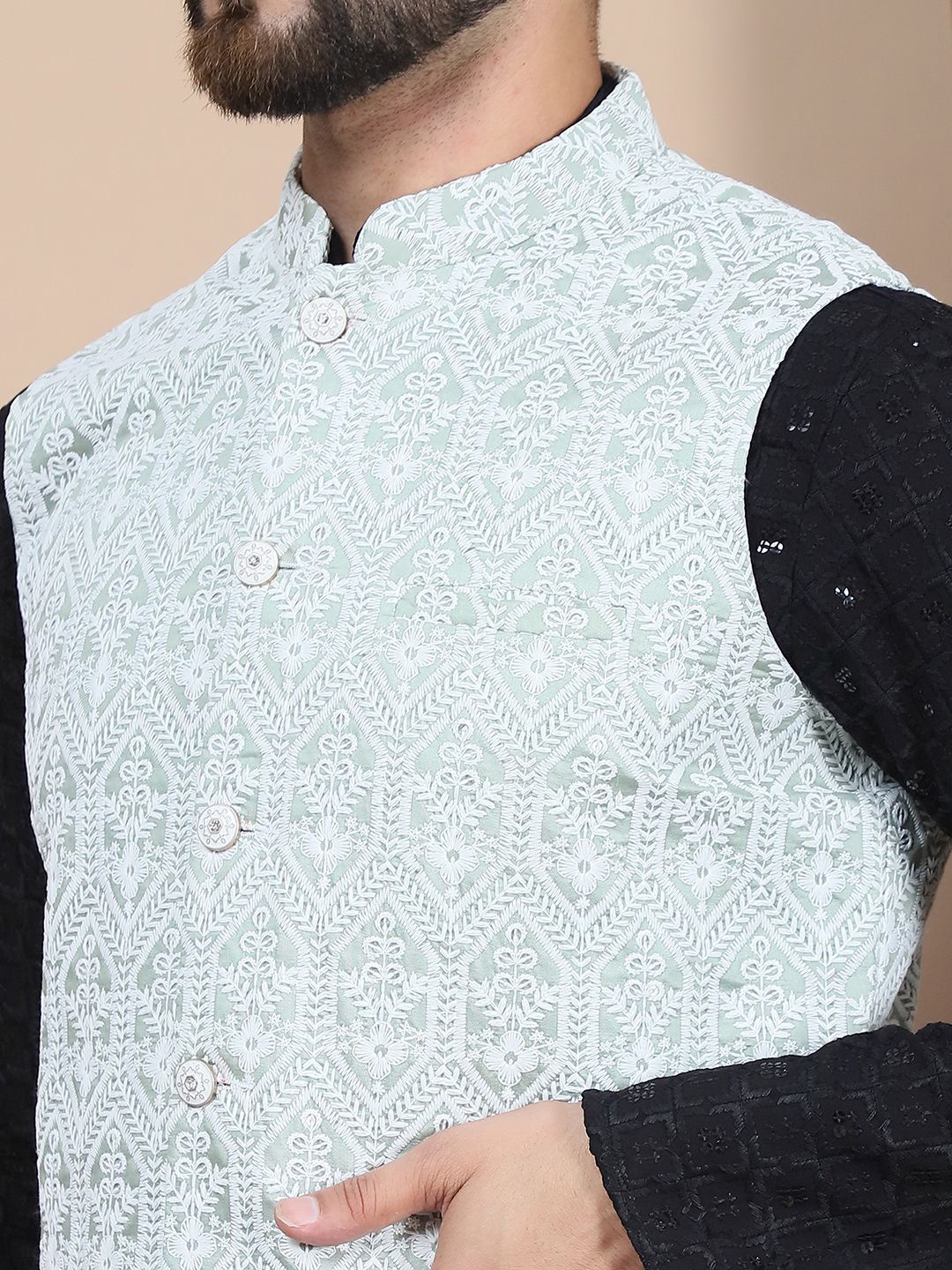 Anouk Black Floral Embroidered Regular Pure Cotton Straight Kurta With Churidar