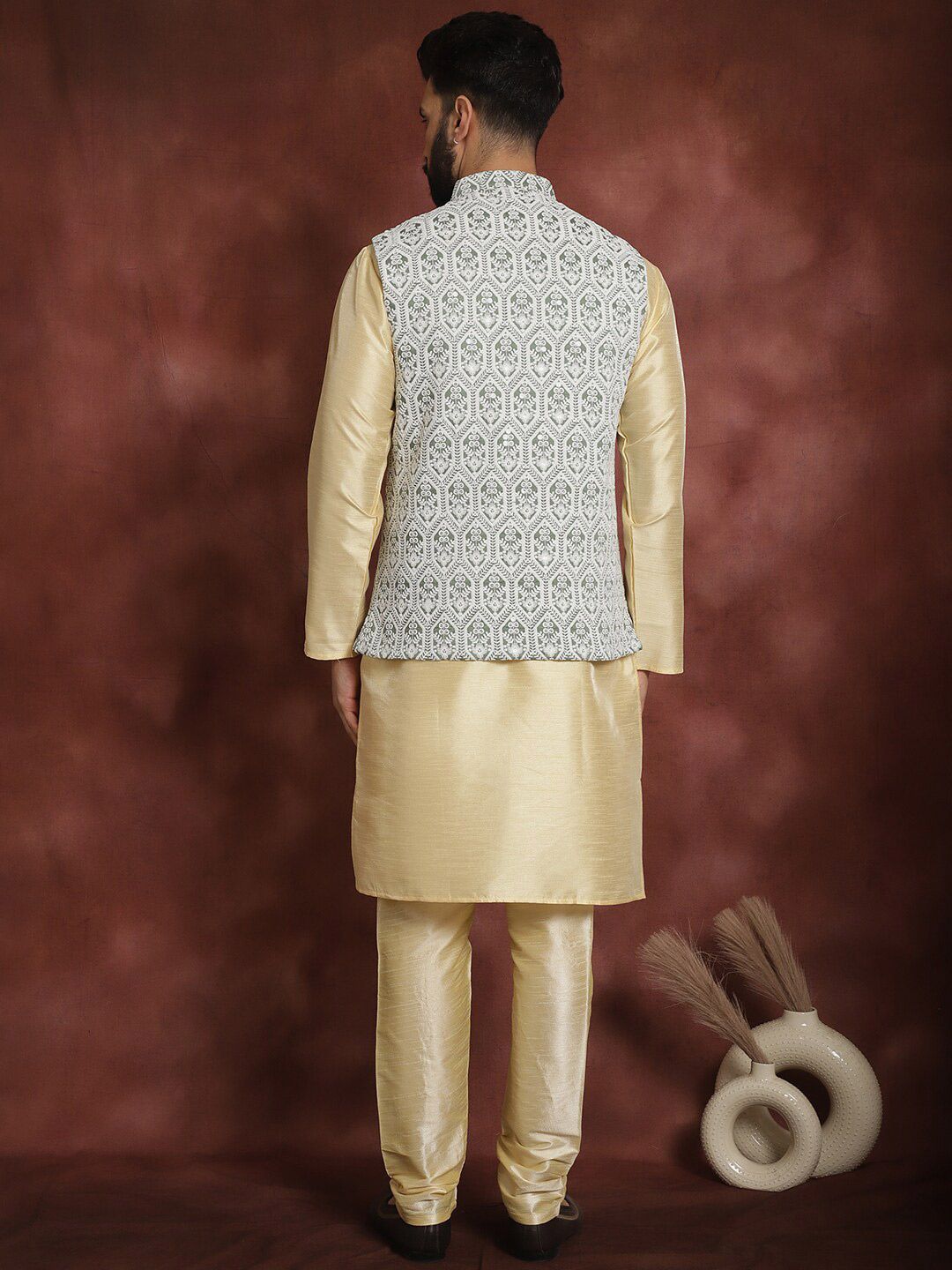 Anouk Ethnic Motifs Thread Work Straight Kurta with Churidar & Nehru Jacket