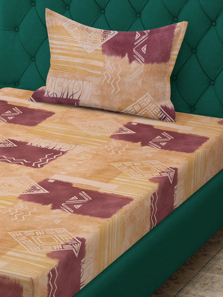 KLOTTHE Yellow & Brown Printed Pure Cotton 400 TC Fitted Single Bedsheet With Pillow Cover