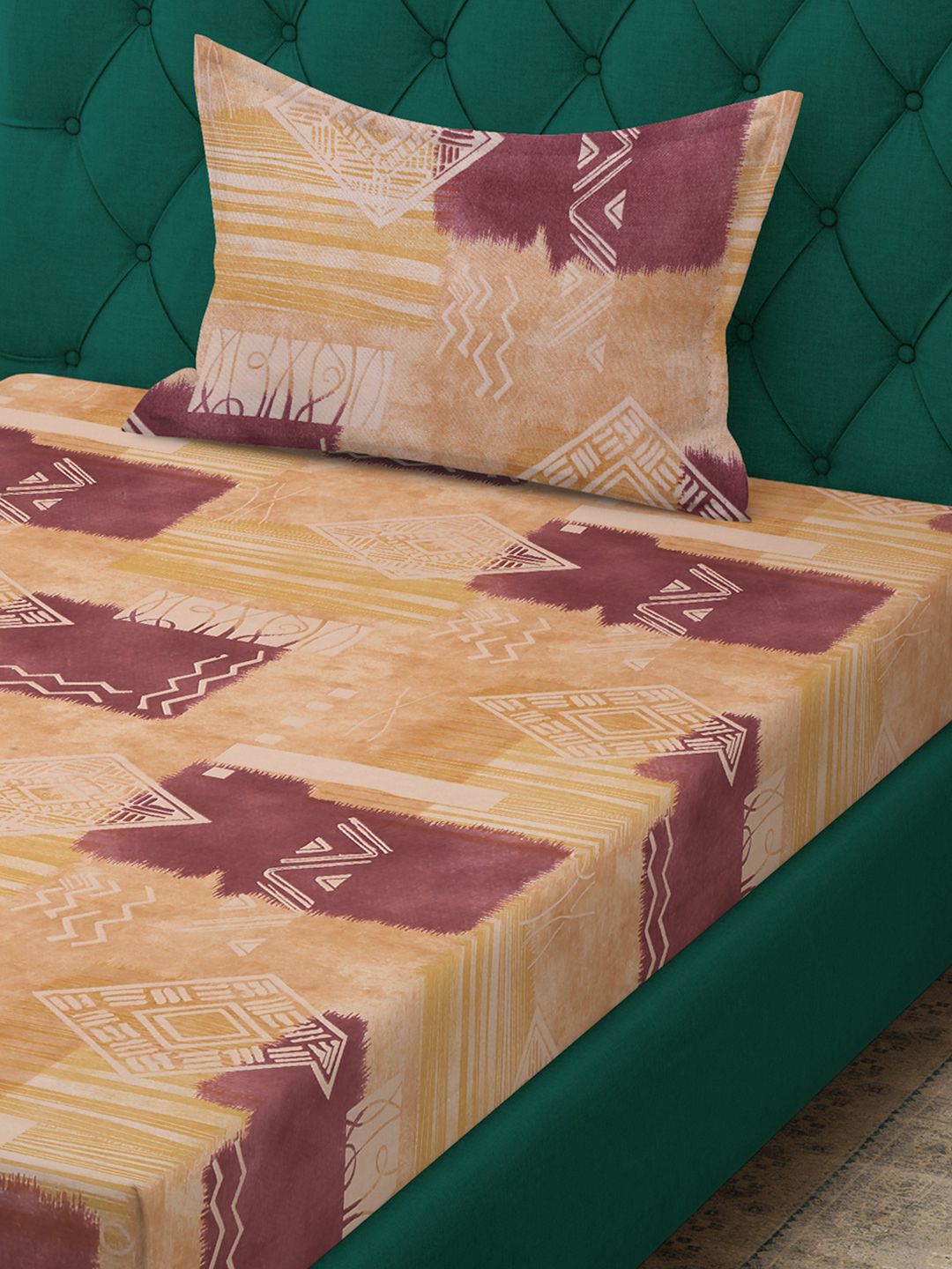 KLOTTHE Yellow & Brown Printed Pure Cotton 400 TC Fitted Single Bedsheet With Pillow Cover