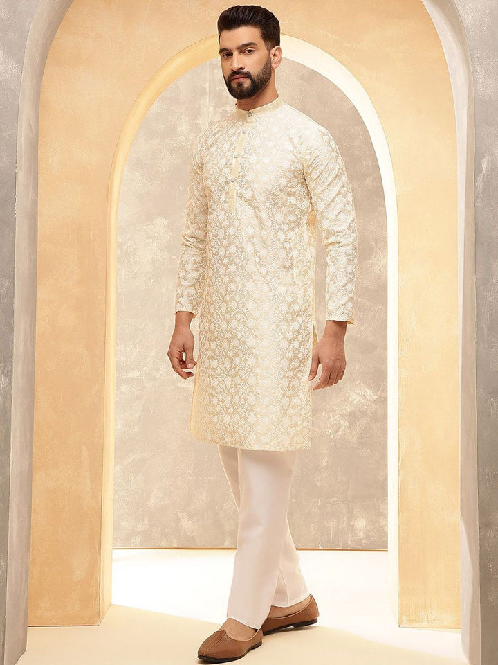 Anouk Cream Embroidered Mandarin Collar Kurta With Trouser