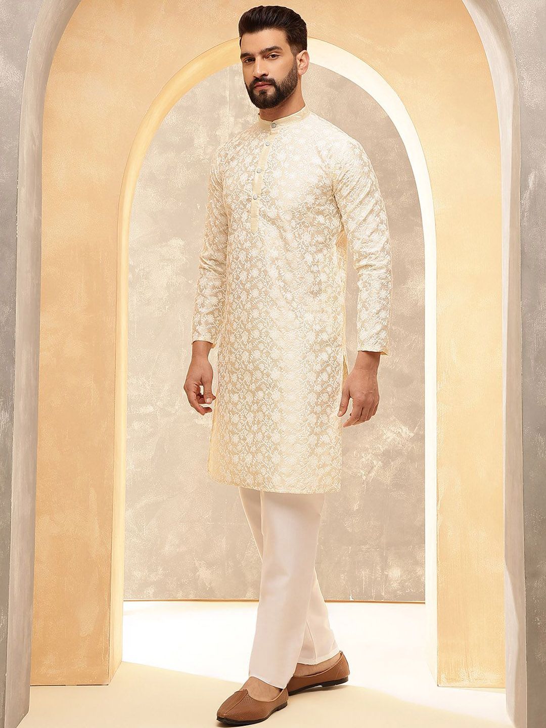 Anouk Cream Embroidered Mandarin Collar Kurta With Trouser