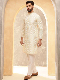 Anouk Cream Embroidered Mandarin Collar Kurta With Trouser