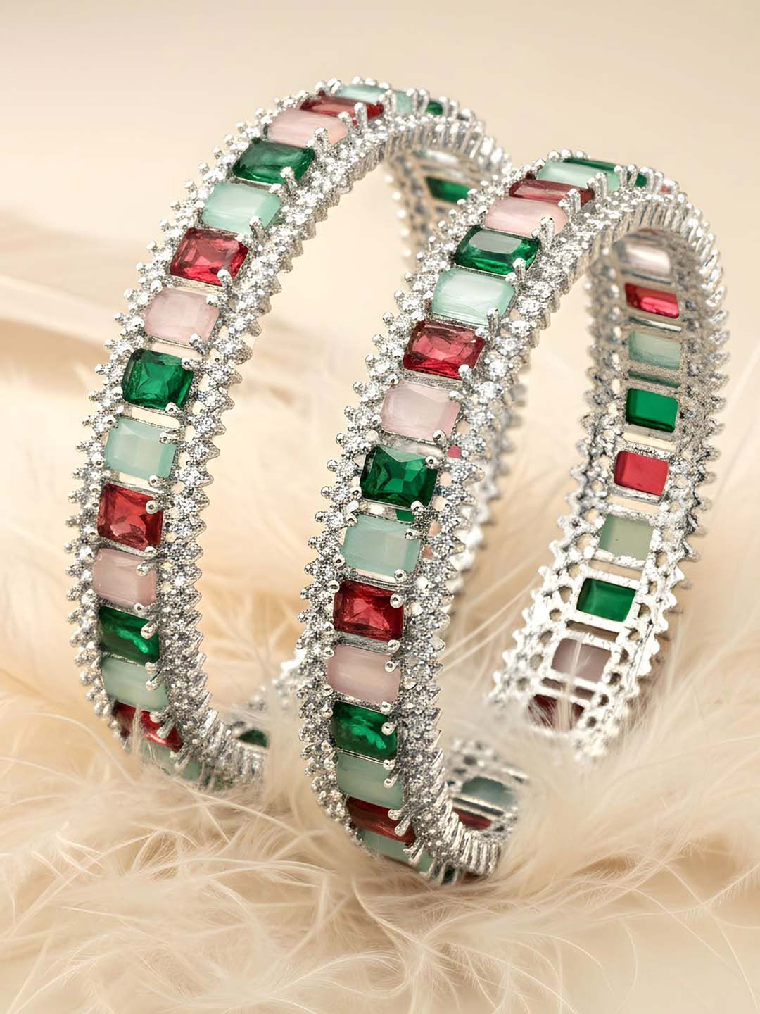 KARATCART Set Of 2 Silver-Plated AD-Studded Bangles